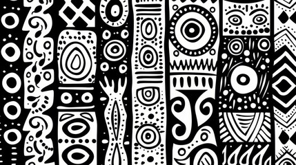 Handdrawn tribal line pattern, black and white, flat design, intricate details