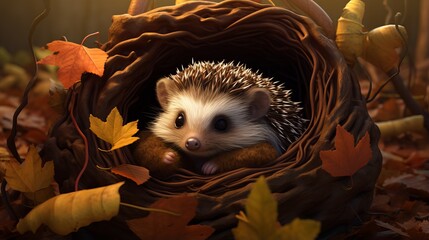 Curious Hedgehog Peeking through Fall Leaves: Charming Nature Photography of a Small Mammal in a Warm, Golden Season