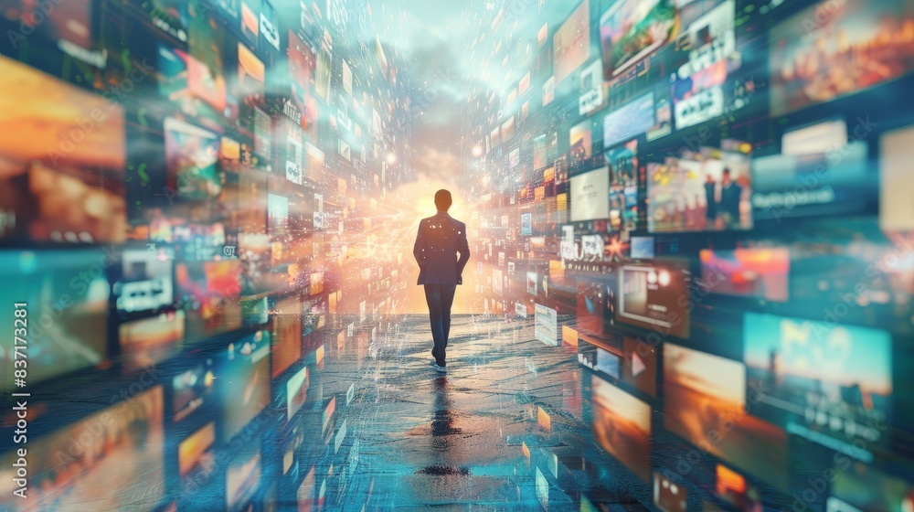 Wall mural man amidst a myriad of digital screens, a metaphor for navigating the information overload of the di