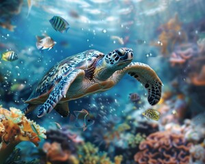 Fototapeta premium Colorful underwater ecosystem with diverse marine creatures and majestic sea turtle