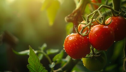 Obraz premium Ripe tomatoes on green vine in organic farm greenhouse, autumn harvest of home grown vegetables