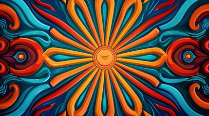 Abstract tribal sunburst and swirl pattern, bright hues, flat design, radial symmetry