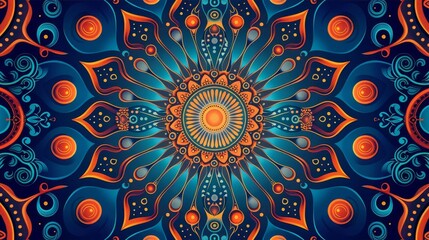 Abstract tribal sunburst and swirl pattern, bright hues, flat design, radial symmetry