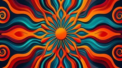 Abstract tribal sunburst and swirl pattern, bright hues, flat design, radial symmetry