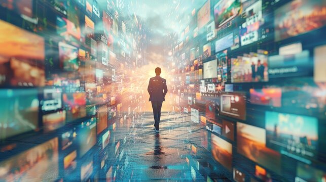 Man amidst a myriad of digital screens, a metaphor for navigating the information overload of the digital age.