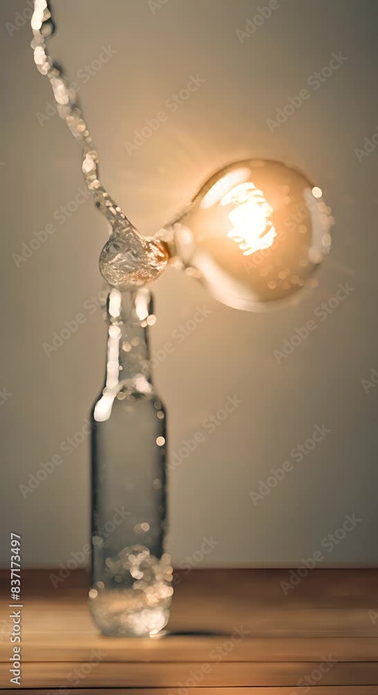 Poster a glass bottle with a light bulb inside is being splashed with water concept of playfulness and crea