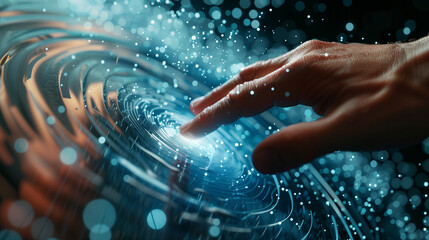 Hand touching a spinning data flow, data flow processing visualization background 