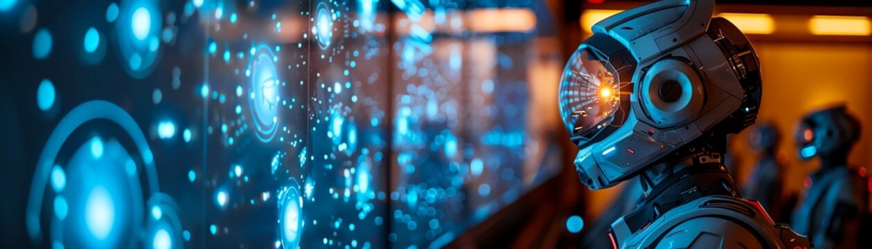 An astronaut in a futuristic spacesuit stands in front of a large screen displaying a map of the universe. The astronaut is looking at the map with a thoughtful expression.