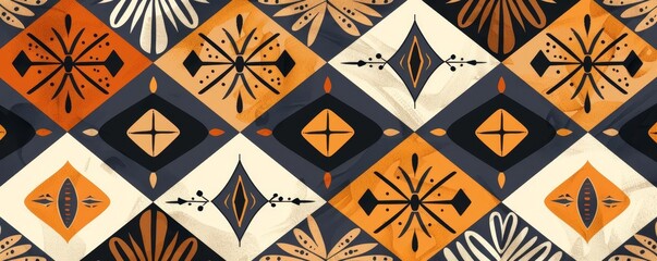 Abstract tribal lattice pattern, natural tones, flat design, interwoven shapes
