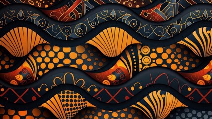 Abstract tribal lattice and wave pattern, natural tones, flat design, interwoven shapes