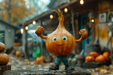 Сheerful cartoon onion with a confident expression flexes its biceps, showcasing its strength, standing in an outdoor setting with autumn leaves and pumpkins in the background