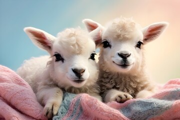 A pair of endearing young lambs nestle together on a soft, pastel-colored blanket, their soft bleats evoking the warmth of their relationship.