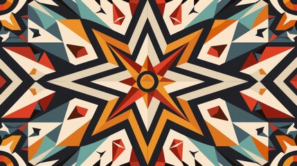 Abstract tribal grid and star pattern, muted colors, flat design, interwoven shapes