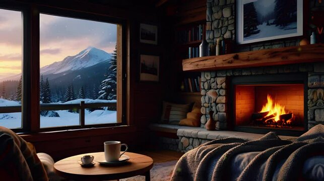 A living room with a fireplace, a character wrapped in a blanket with hot cocoa, overlay loop, virtual backgrounds, vtuber asset twitch zoom OBS, manga anime chill hip hop 4k Animation video