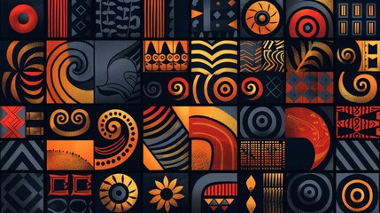 Abstract tribal grid and spiral pattern, warm tones, flat design, rhythmic forms
