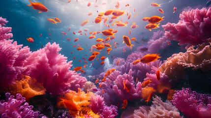 Obraz premium A vibrant nature coral reef teeming with colorful fish and marine life, the corals in various shades of orange, pink, and purple