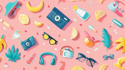 A tileable pattern of trendy summer accessories arranged on a vibrant pink background for a playful and colorful design.