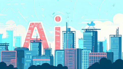 animated flat illustration modern city and ai education, ai text overlay with cityscape and digital elements , technology, artificial intelligence and innovation themed science video background  - Powered by Adobe