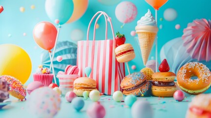 A jubilant gathering of colorful party elements, with sweets and balloons galore, encapsulating the spirit of a birthday celebration.
