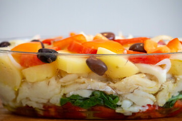 Traditional Portuguese bacalhoada with classic ingredients. When cod Oven