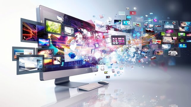 A stream of vibrant information and media graphics bursts from a high-resolution display.