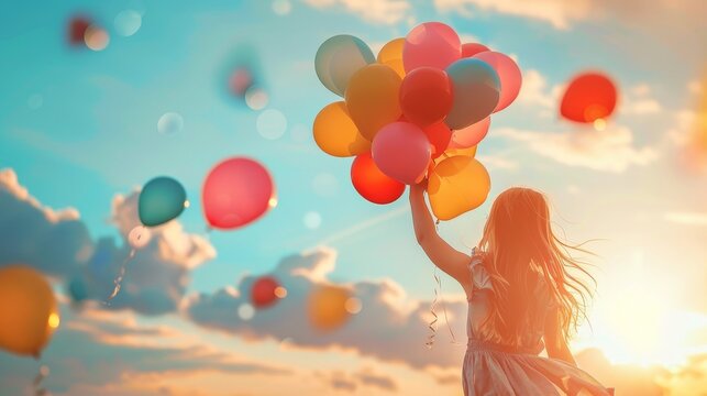 As the day ends, balloons and dreams both soar, with a child's gaze firmly planted skyward.