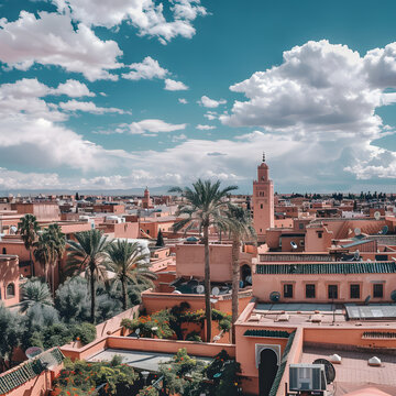 Panoramic view of marrakech featuring traditional architecture under a vast, cloud streaked sky