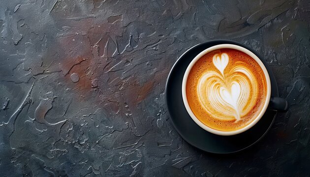 High-quality latte coffee cup with heart shaped art on dark background, top view