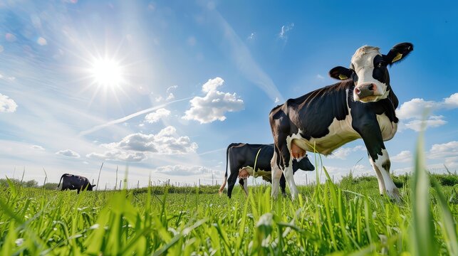 A tranquil field with a cow grazing near a stone wall, with tall trees casting dappled shadows on the grass and a gentle breeze rustling the leaves.

