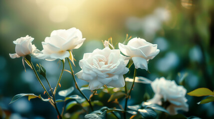 Obraz premium Tender white roses blossom on the stem. Green blurred background behind