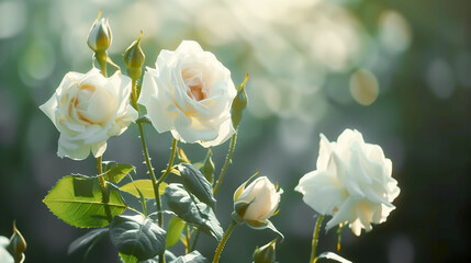 Tender white roses blossom on the stem. Green blurred background behind