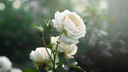 Obraz premium Tender white roses blossom on the stem. Green blurred background behind