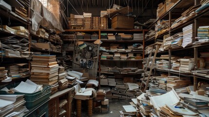 Obraz premium A room full of documents and stuff, scaffolding full of things, stacks of paper.
