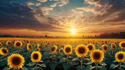 Obraz premium Granater AI Sunflowers in a field, bathed in the warm glow of a sunset. Nature's beauty captured in a serene moment.