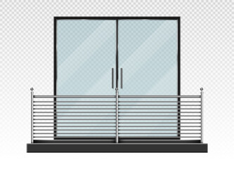 Vector realistic illustration of balcony with steel railings and glass door isolated on transparent background.