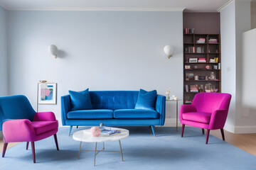 Contemporary living room with vibrant blue sofa, pink armchairs, and stylishly organized bookshelf showcasing elegant interior design
