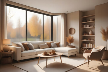 Fototapeta premium Inviting modern living room flooded with sunlight and large windows showcasing a stunning autumn tree landscape