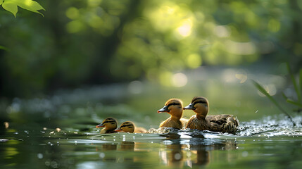 A vibrant nature fenland landscape with a family of ducks swimming in the clear water