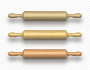 Vector realistic wooden rolling pin set isolated on transparent background.