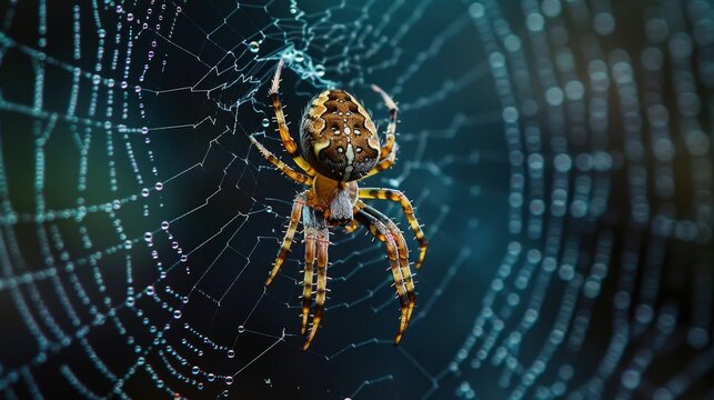 Macro shot of a spider weaving its web, the delicate strands and body details in sharp focus, with a dark, blurred background - Powered by Adobe