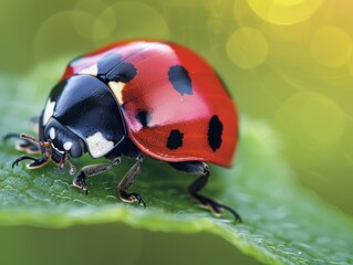 Close-up of a ladybug crawling on a leaf, the bright red shell and black spots in sharp focus, set against a blurred garden
