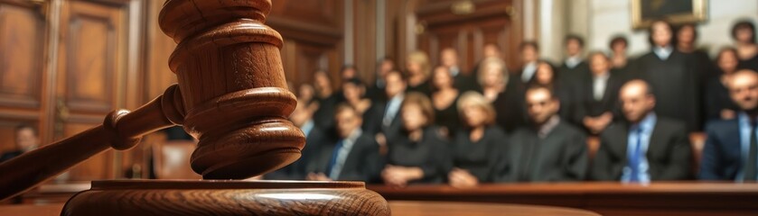 The decisive moment as a judges gavel strikes, captured in a courtroom filled with anticipation, highlighting the judiciarys role
