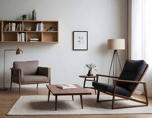 Cozy minimalist living room featuring mid-century modern furniture, warm neutral tones, and a tasteful blend of form and function