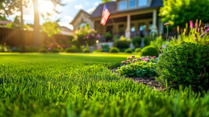 Pristine lawn with American and Texas flags, vibrant flowers, and neat bushes in sunny Texan suburb.