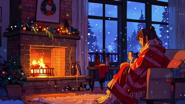 A living room with a fireplace, a character wrapped in a blanket with hot cocoa, overlay loop, virtual backgrounds, vtuber asset twitch zoom OBS, manga anime chill hip hop 4k Animation video