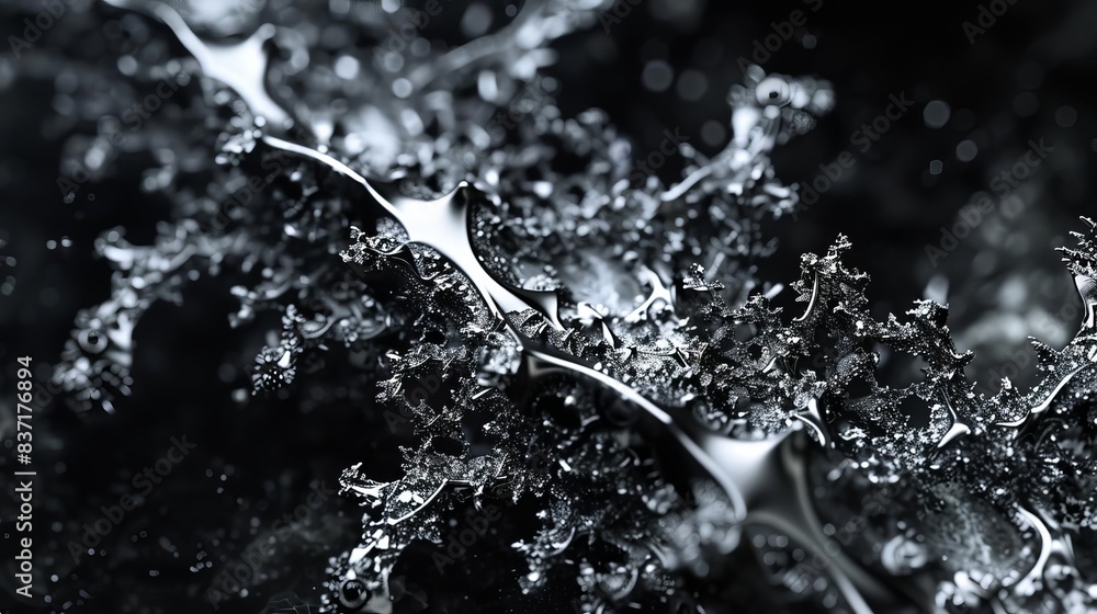 Poster surreal fractal elegance silver object with intricate tonal debris pattern on black background abstr