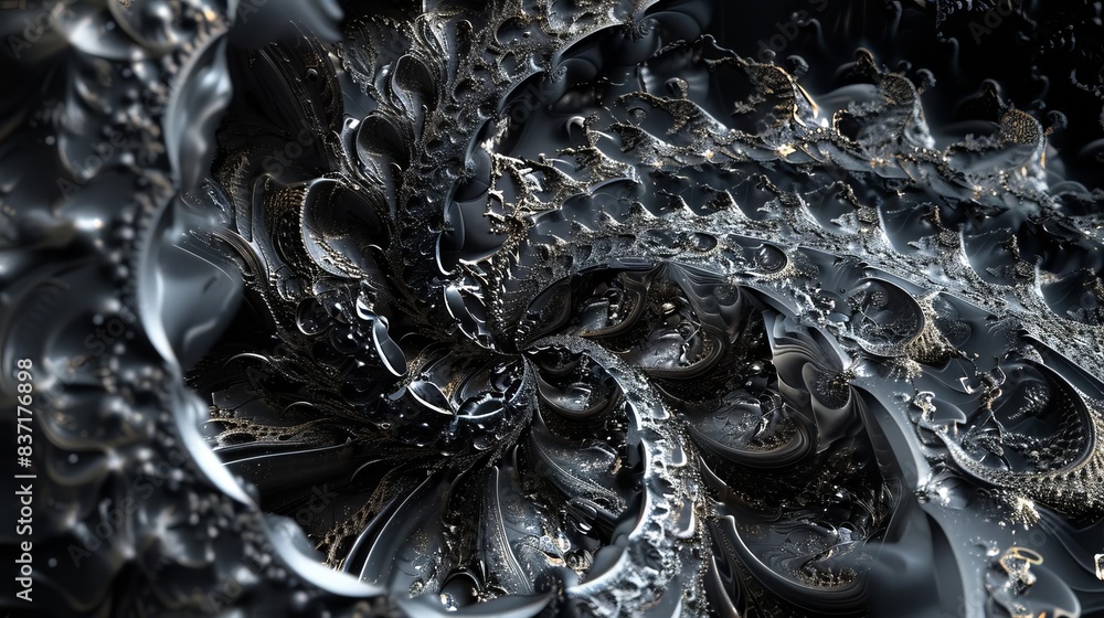 Poster surreal fractal elegance silver object with intricate tonal debris pattern on black background abstr