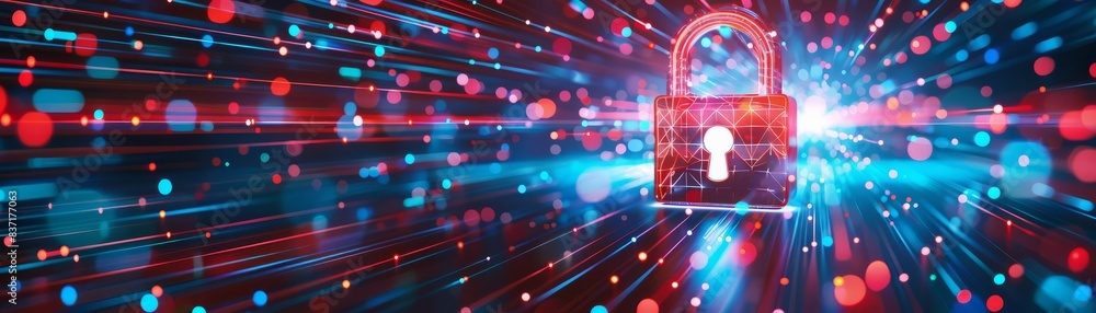 Poster a secure padlock at the heart of a cyber network illustrated with intense red and blue light streams