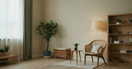 Modern living room with warm tones, featuring a wicker chair, wooden furniture, plants, and soft, natural lighting from a window