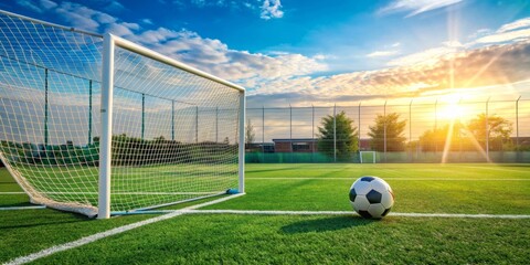 Soccer field with ball in the net at daytime, soccer, field, ball, net, goal, scoring, sport, outdoor, grass, victory, winning, competition, game, team, play, activity, goalpost, sunny